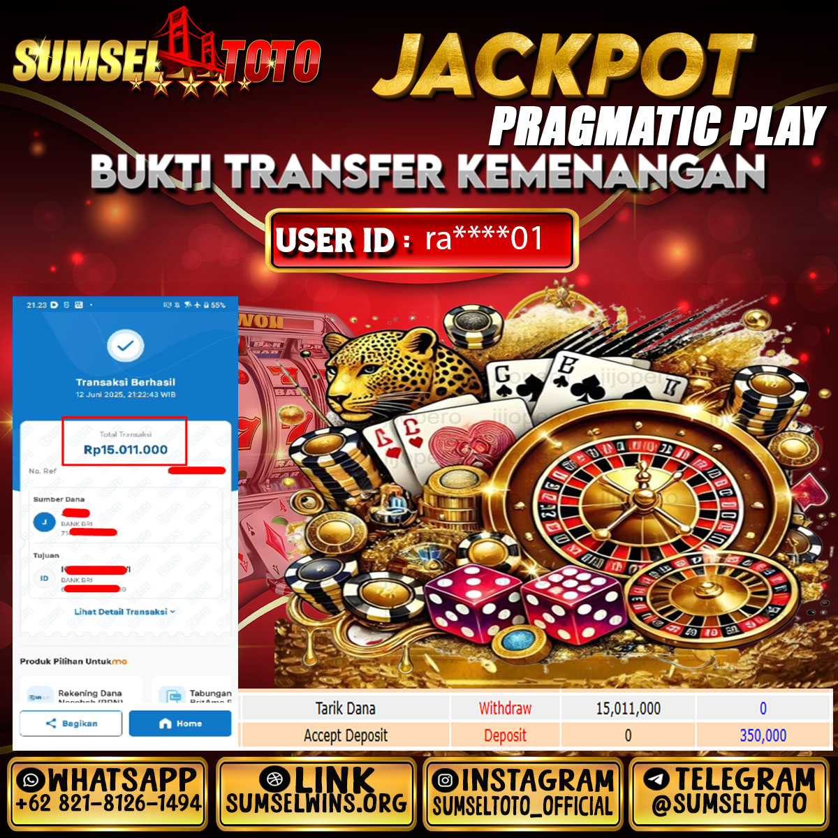 SUMSELTOTO JACKPOT PRAGMATIC CASINO Rp.15,011,000.,- LUNAS